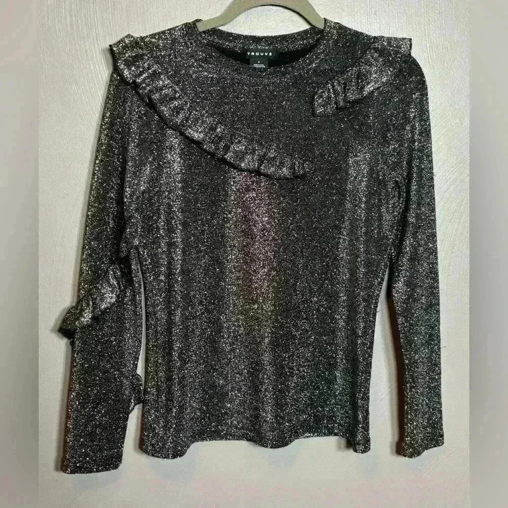 Trouvé Women's Asymmetrical Ruffle Top Shirt‎ Silver Black Sparkle Size Small